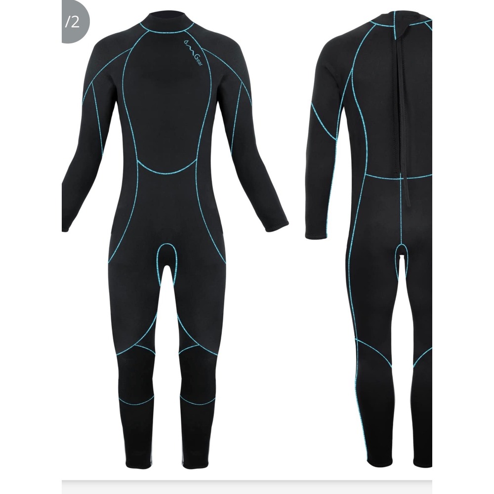 OMGear Wetsuit Kids Size 14 Black Aqua Excellent 3mm Neoprene Full Body Suit